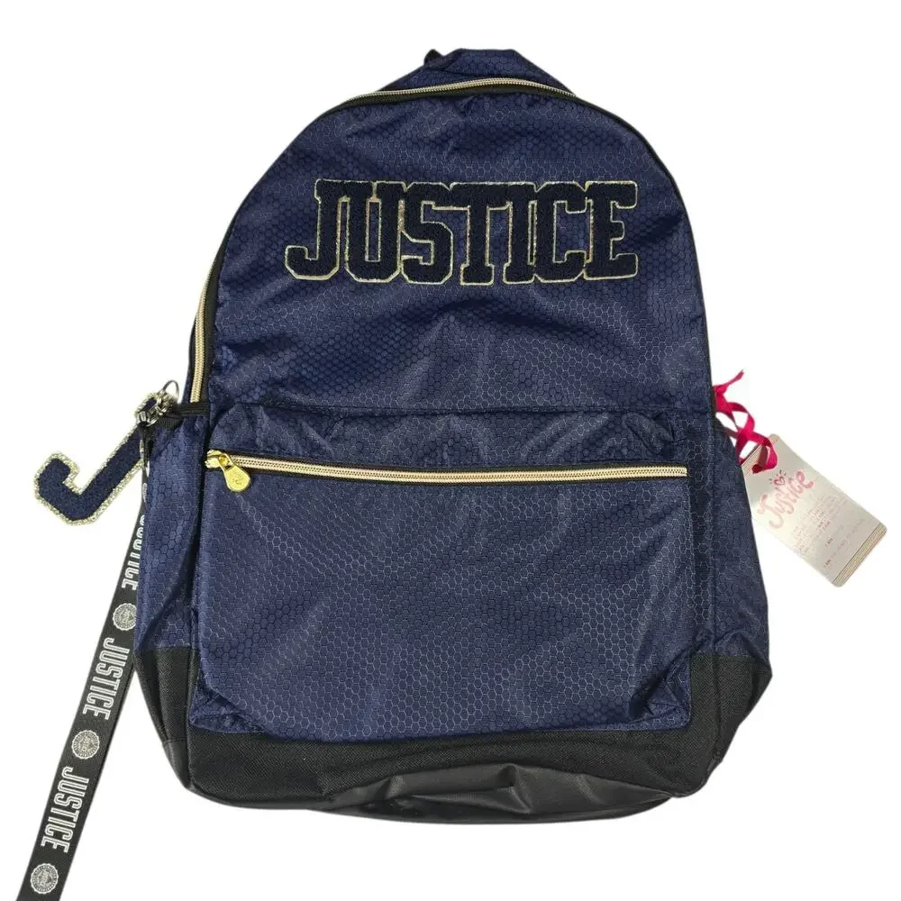 NWT Justice Girls 17” Backpack with Lanyard - Navy Blue Gold, Back to School